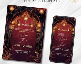 Weinrote Muslimische Hochzeitseinladung: Editierbare Nikkah Evite (Digital)