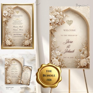 May include: Elegant wedding invitation suite featuring a framed invitation, welcome sign, and mobile invite. The design includes floral accents, gold frames, and the names "Zara & Zohaib" with the date "DEC 02, 2029". The bundle is labeled "#01".