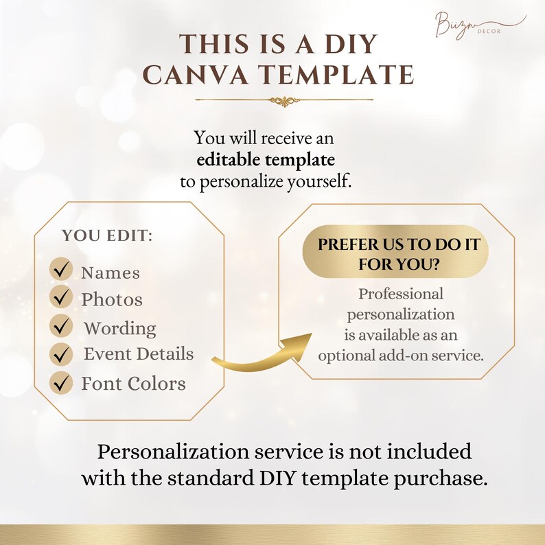 May include: A digital Canva template graphic with dark brown text on a light background. It states THIS IS A DIY CANVA TEMPLATE and lists editable features including names, photos, wording, event details, and font colours. A gold box offers professional personalisation as an optional add-on service.