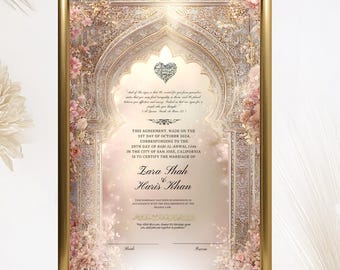 Certificado Nikkah personalizado em ouro rosa: lembrança de casamento islâmico (download digital, editável no Canva)
