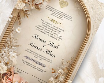 May include: A wedding certificate with floral accents and gold trim. The certificate includes the names Rania Shah and Samar Khan, along with the date and location of the marriage. The certificate also includes a quote from the Quran.