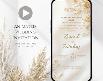 Pode incluir: Um convite de casamento animado exibido em um smartphone. O convite apresenta detalhes florais dourados e tipografia elegante, com os nomes Zainab & Wahaj. O texto inclui a data, hora e informações de RSVP. As palavras "Convite de Casamento Animado" também são exibidas.