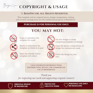 May include: A digital copyright and usage policy document for BiznDecor. The text outlines restrictions on copying, reselling, or sharing the template, emphasising that purchase is for personal use only. It includes icons with red prohibition symbols.