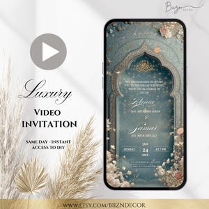 May include: A digital video invitation displayed on a smartphone. The design is teal and gold, with floral elements and the names Rania and Samar. Text includes "Luxury Video Invitation" and event details.