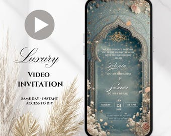 Puede incluir: Una invitación de video digital en la pantalla de un teléfono inteligente. La invitación presenta un diseño turquesa y dorado con detalles florales y los nombres Rania y Samar. El texto incluye "Luxury Video Invitation".