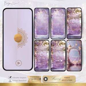 May include: A digital wedding invitation template displayed on a smartphone screen. The design features a gold sunburst, and the invitation includes details in purple and gold. The words "Luxury Video Invitation" are also visible.