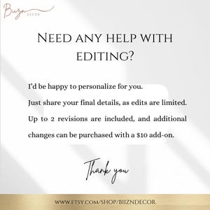 May include: A digital graphic with the text "NEED ANY HELP WITH EDITING?" and "Thank you." The text explains personalization services, including revisions. The Etsy shop URL is at the bottom. The logo is in the top left corner.