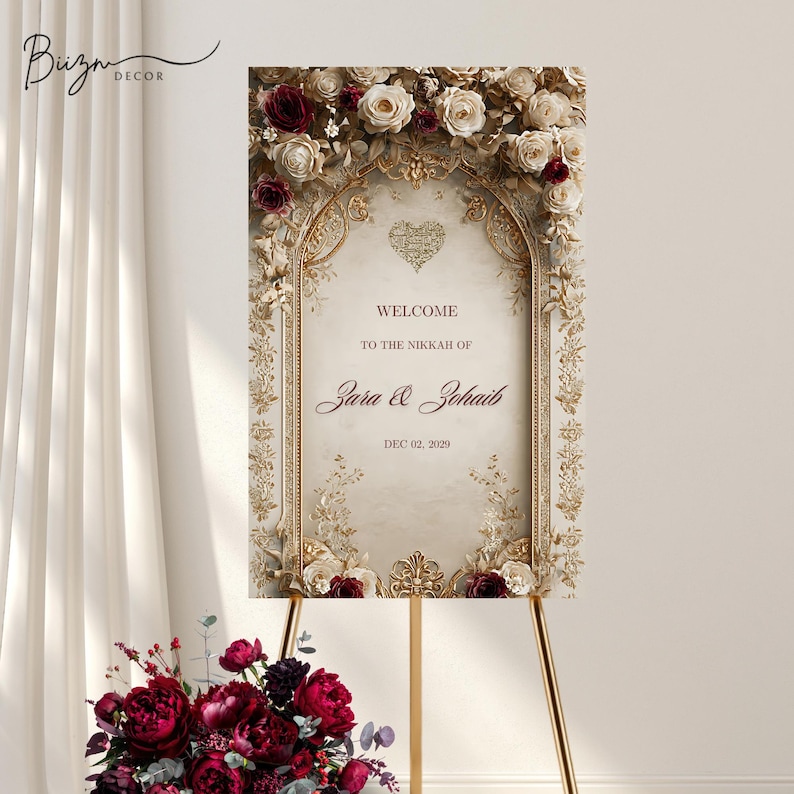 Zohaib Frame Editable Royal Nikkah Poster Welcome Sign , Gold, Beige and Red Sign ...