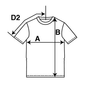 May include: Diagram showing the measurements for a t-shirt. The measurements are labeled A, B, and D2.