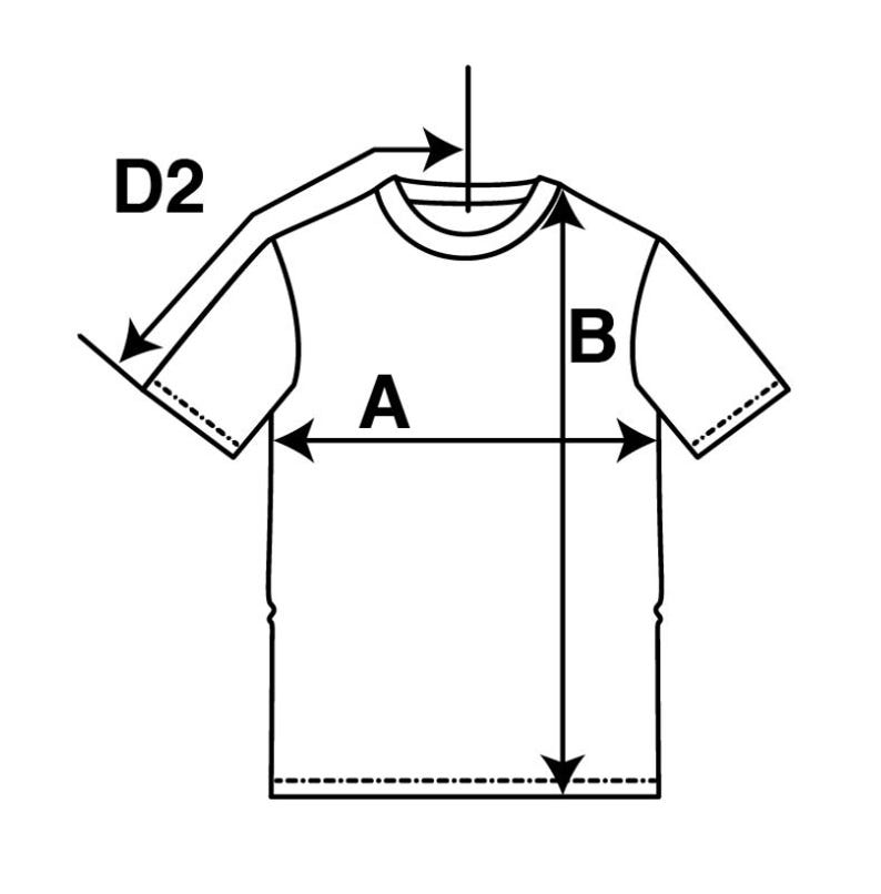 May include: Diagram showing the measurements for a t-shirt. The measurements are labeled A, B, and D2.