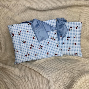 Blue Gingham with Berries Quilted Kindle Sleeve with Bow | Handmade Padded eReader Case | Cute Bookish Gift