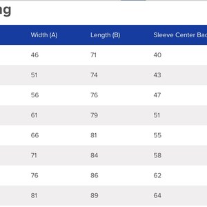 May include: Sizing chart for clothing with measurements in inches for width, length, and sleeve center back. Sizes range from S to 5XL.