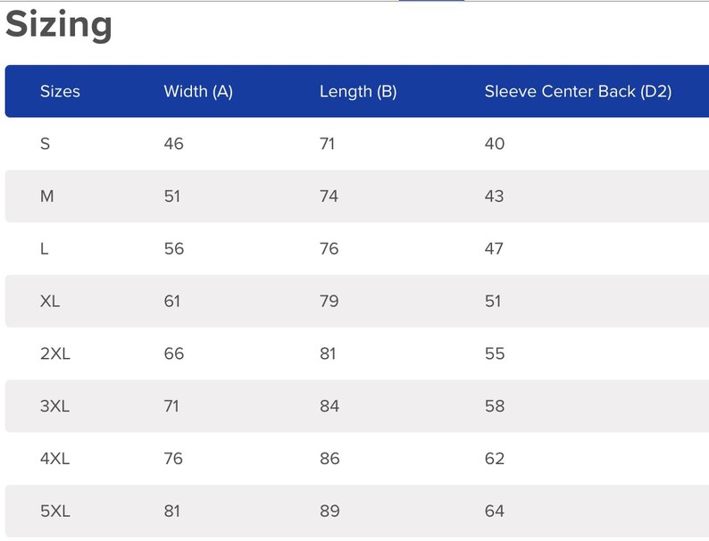 May include: Sizing chart for clothing with measurements in inches for width, length, and sleeve center back. Sizes range from S to 5XL.