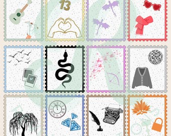 Album Stamp Sticker Designs | Pop Star Stamps, Minimalist PNG | 300 DPI