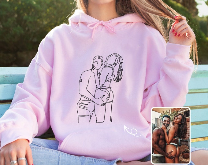 Custom Embroidered Couple Sweatshirt, Couple Matching Outfits, Couple Line Art Shirt, Personalized Embroidered Hoodie, Anniversary Gift