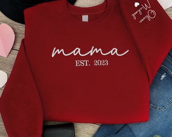 Mom Custom Sweater, Mother Hoodie Embroidered, Custom Sweatshirt, Est Date Mom Sweatshirt, Custom Kid Name Sleeve, Mama Hoodie, Gift For Mom