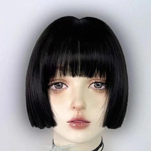 Black Short Bob Wig with Bangs - Smooth Doll One Cut Synthetic Wig for Cosplay or Everyday Wear