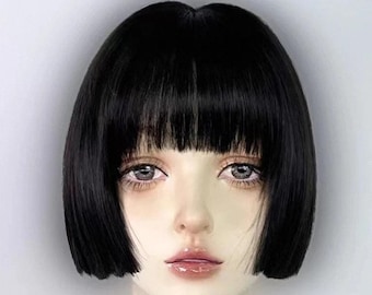 Black Short Bob Wig with Bangs - Smooth Doll One Cut Synthetic Wig for Cosplay or Everyday Wear