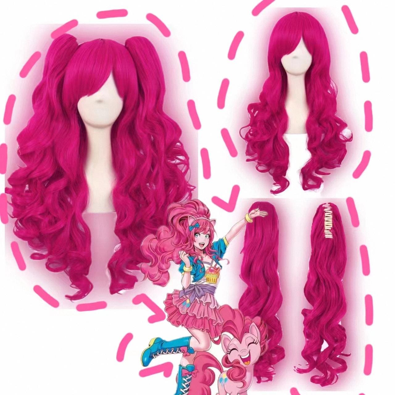 Long Curly Pink Double Tail Wig - Cute Cosplay Wig for Anime, Pitaya Color（Pinkie Pie）