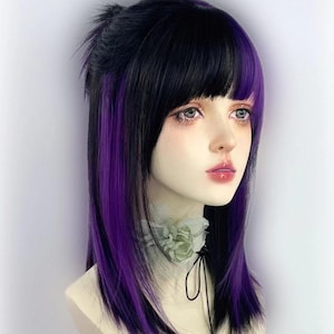 黒と紫のショートウィッグ、紫の前髪のショートウィッグ、女の子向けのクールなマレットウィッグ