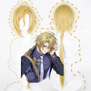 Può includere: Parrucca cosplay bionda con una coda di cavallo intrecciata e una parrucca separata con uno stile più corto. L'immagine presenta anche un'illustrazione di un personaggio con lunghi capelli biondi ondulati, che indossa un abito e una cravatta blu scuro.