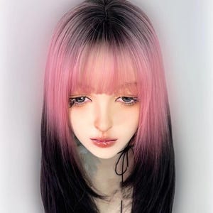 May include: A black and pink ombre wig with bangs. The wig is styled in a straight, shoulder-length cut.