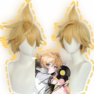 May include: Two blonde cosplay wigs with a spiky top, styled on mannequin heads. The wigs are a light yellow color and have a short, layered style.