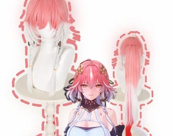 May include: Two pink and white cosplay wigs with long, straight hair. One wig has two white braids and the other has a long ponytail.