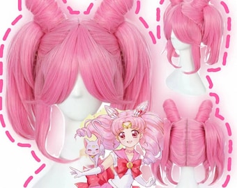 May include: Pink wig with two high buns on top and long pigtails in the back. The wig is styled like the character Sailor Moon.