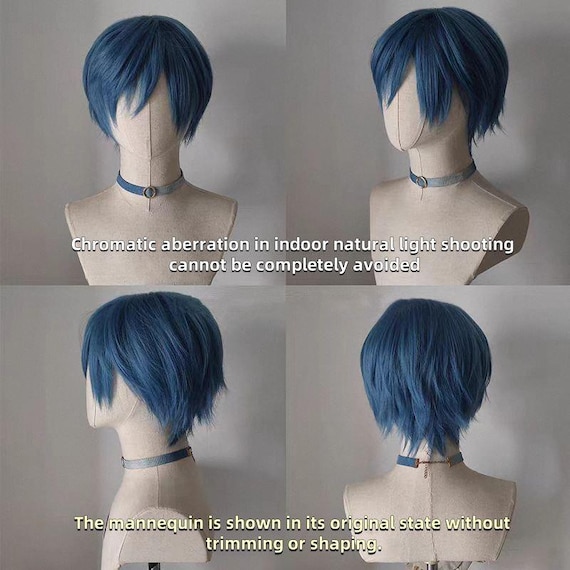ブルーショートストレートウィッグ、前髪フリンジ、コスプレアニメ