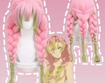 Anime Character Kanroji Mitsuri Cosplay Wig Pink and Green Cosplay Wig Pink Green Gradient Double Ponytail Wig Halloween Cosplay