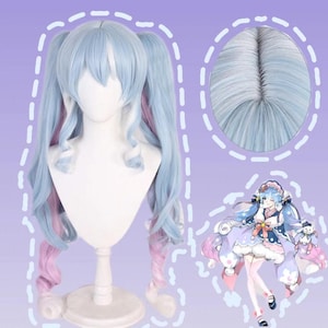 Anime character winter ambassador wig blue cosplay wig pink double ponytail long curly hair wig cosplay-(Winter Miku)