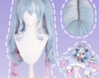 Winter Miku Cosplay Wig: Blue & Pink Double Ponytail, Long Curly Hair