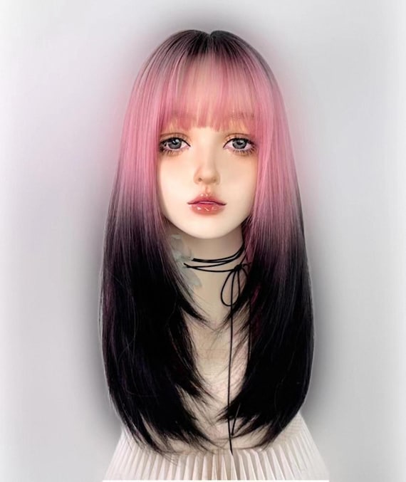 Pink and Black Ombre Wig with Bangs – Cosplay Fashion Wig