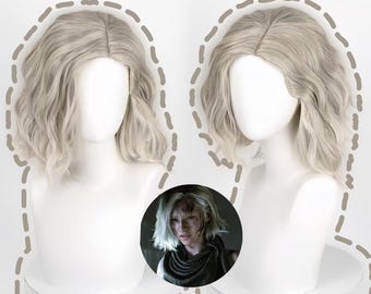 Unisex platinum gradient short curly wig, Grace Ashcroft cosplay wig: short platinum blonde game character wig