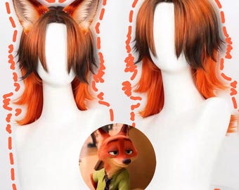 Unisex black-brown gradient orange wolf head wig, synthetic layered anime character fox cosplay wig Mother's Day gift