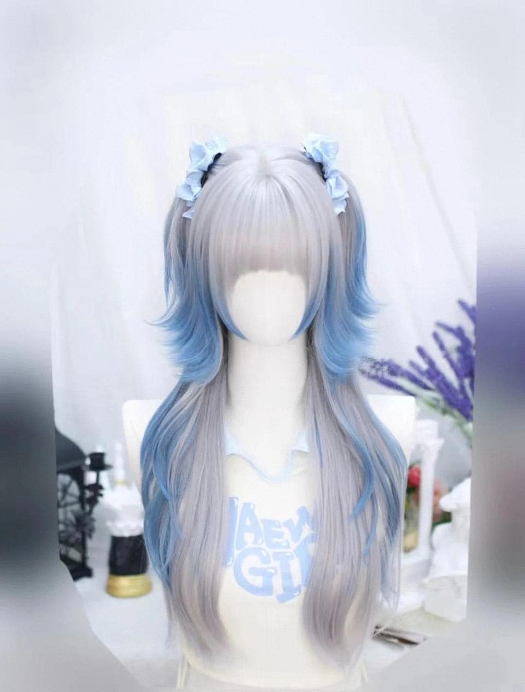 Light blue and silver cute jellyfish wig, curly hair dress-up wig, gothic Halloween wig, curly hair natural bangs wig (wig only)