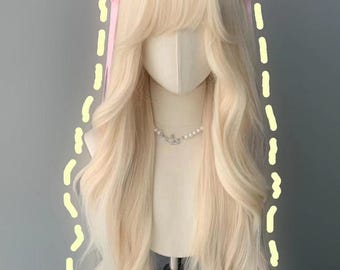 Long curly platinum wigs, long wavy blonde synthetic wigs with bangs, party wigs, anime wigs, women&#39;s wigs with bangs