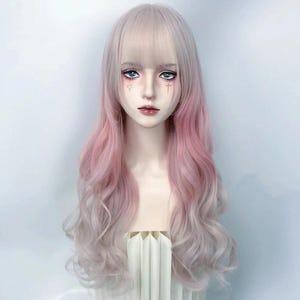 light pink wig, gradient pink wig, long curly wavy wig.
