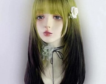 Black to Green Ombre Wig, Straight Bangs, Cosplay Wig