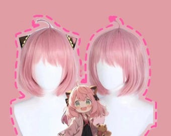 May include: Two pink wigs with black cat ears on mannequins. The wigs are styled in a short bob with bangs. A cartoon character with pink hair and cat ears is in the center of the image.