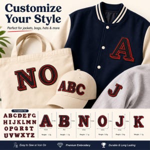 May include: A set of black and red embroidered letter patches featuring the text Customize Your Style. The patches are shown applied to a navy and cream varsity jacket, a cream canvas tote bag, and a cream baseball cap, with a full alphabet set.