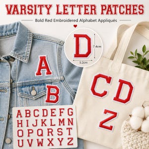 Red Varsity Letter Patches A-Z, Large Iron On Embbroidered Alphabet Applique for Jackets Hats Bags