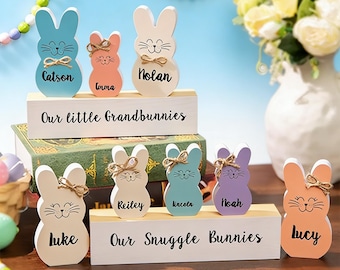 Drewniany znak z wielkanocnym zajączkiem, spersonalizowany zestaw klocków, uroczy prezent wielkanocny dla dzieci i rodziny