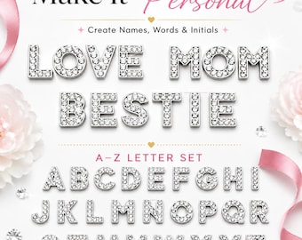 Rhinestone Slide Letters A-Z Set, Silver Alphabet Slider Charms, 8mm or 10mm for Bracelets, Chokers, Shoelaces & Bag Straps