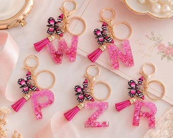 Pink Resin Initial Keychain with Butterfly Charm and Tassel, A–Z