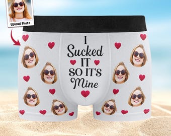 Bóxers personalizados para esposo, regalos de San Valentín, bóxers con cara personalizada para hombre, "Lo lamí, así que es mío", para novio y esposo