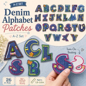 May include: A set of 26 denim alphabet patches featuring embroidered letters with colourful accents. Each patch has an iron-on backing and measures approximately 3.8 to 4.1 cm. The text reads Denim Alphabet Patches, A-Z Set, and Iron-On Backing.