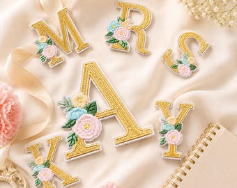 Gold Floral Alphabet Patches A–Z, 26 Self-Adhesive Embroidered Letters for Bags, Jackets and Crafts