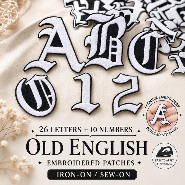 Set mit altenglischen Buchstaben- und Zahlenaufnähern, gotisches Alphabet zum Aufbügeln, gestickte Applikationen A-Z 0-9